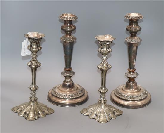 Two pairs of plated candlesticks tallest 30cm